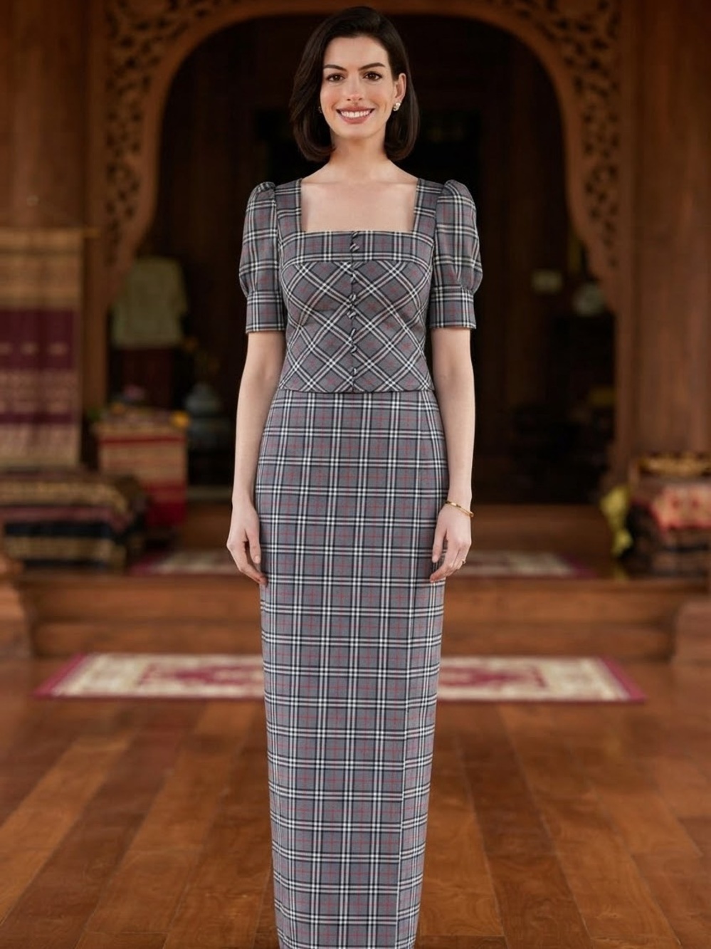 Plaid Two-Piece Women’s Dress Set in Gray and Red